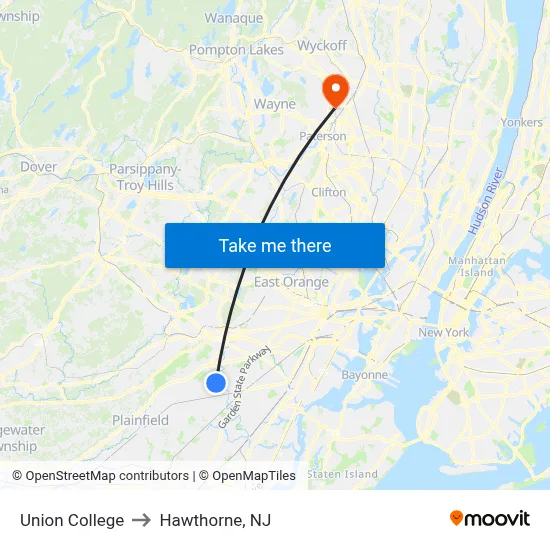 Union College to Hawthorne, NJ map