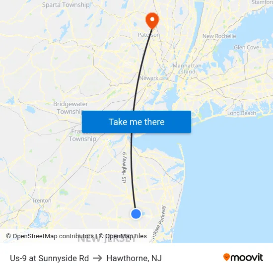 Us-9 at Sunnyside Rd to Hawthorne, NJ map