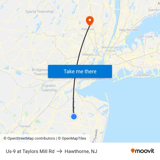 Us-9 at Taylors Mill Rd to Hawthorne, NJ map