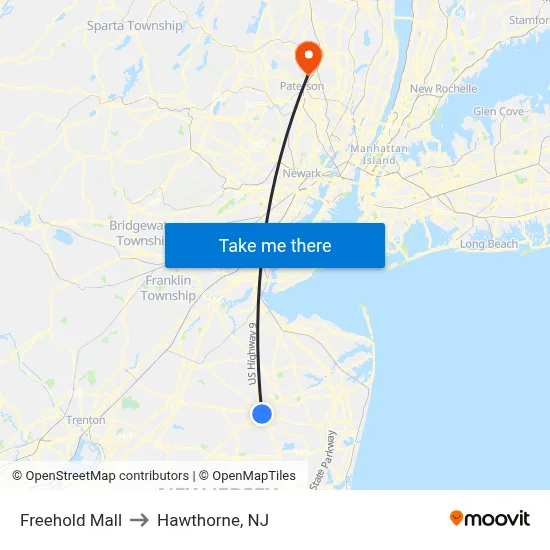 Freehold Mall to Hawthorne, NJ map