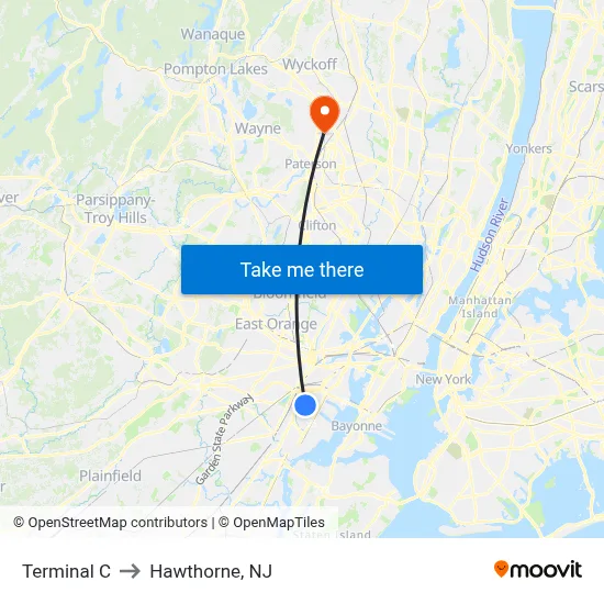 Terminal C to Hawthorne, NJ map