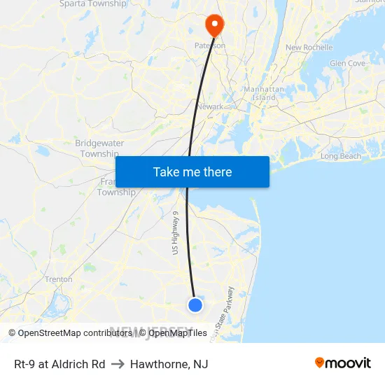 Rt-9 at Aldrich Rd to Hawthorne, NJ map