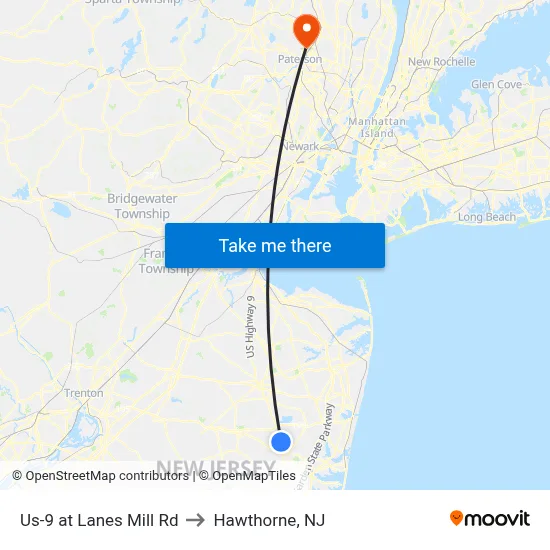 Us-9 at Lanes Mill Rd to Hawthorne, NJ map