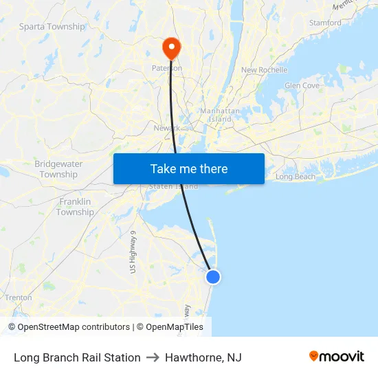 Long Branch Rail Station to Hawthorne, NJ map