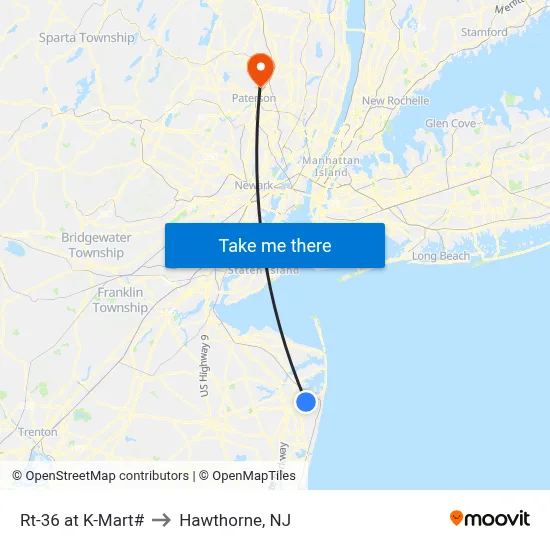 Rt-36 at K-Mart# to Hawthorne, NJ map