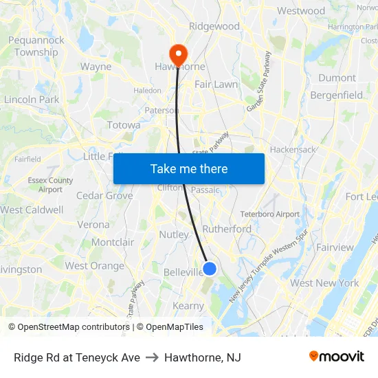 Ridge Rd at Teneyck Ave to Hawthorne, NJ map