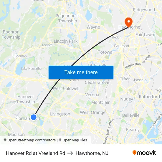 Hanover Rd at Vreeland Rd to Hawthorne, NJ map