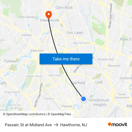 Passaic St at Midland Ave to Hawthorne, NJ map