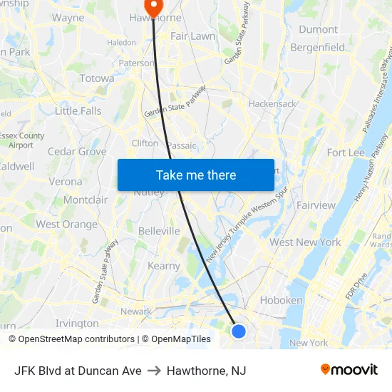 JFK Blvd at Duncan Ave to Hawthorne, NJ map
