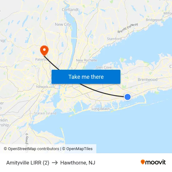 Amityville LIRR (2) to Hawthorne, NJ map