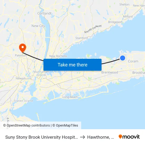 Suny Stony Brook University Hospital to Hawthorne, NJ map