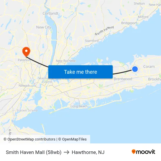 Smith Haven Mall (58wb) to Hawthorne, NJ map