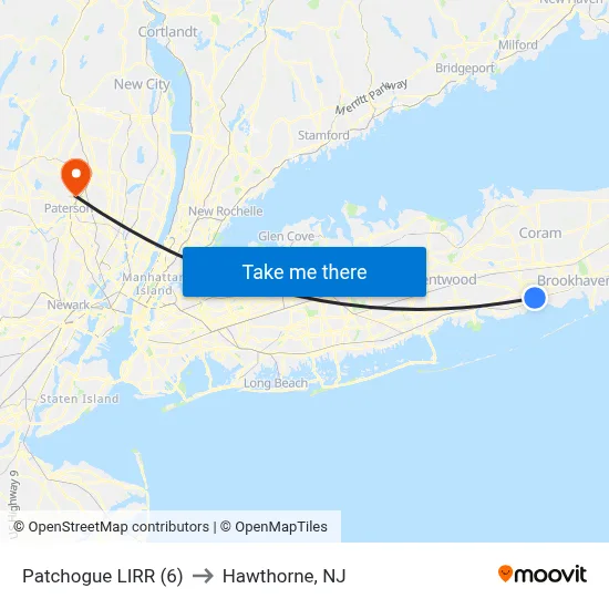 Patchogue LIRR (6) to Hawthorne, NJ map