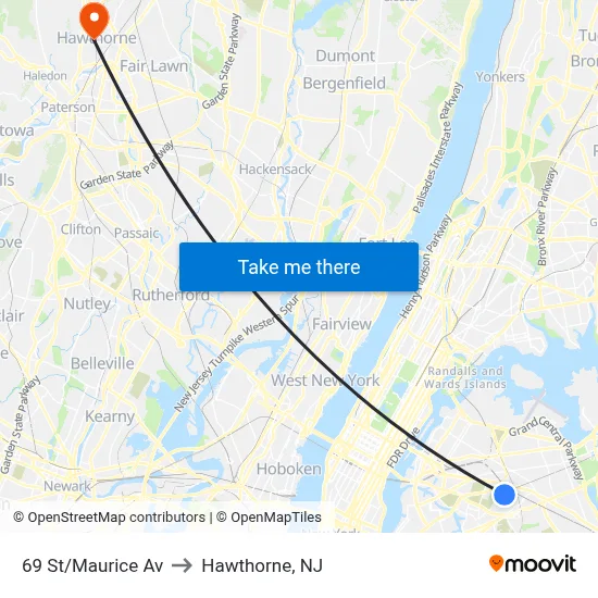 69 St/Maurice Av to Hawthorne, NJ map