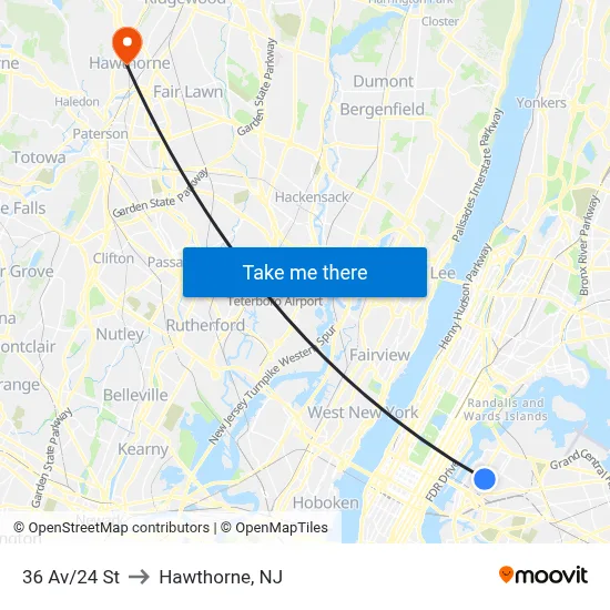 36 Av/24 St to Hawthorne, NJ map