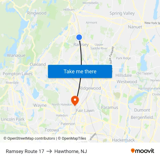 Ramsey Route 17 to Hawthorne, NJ map