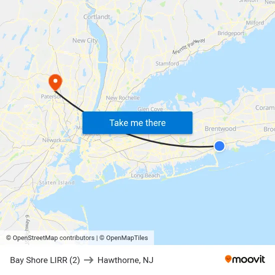 Bay Shore LIRR (2) to Hawthorne, NJ map