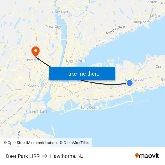 Deer Park LIRR to Hawthorne, NJ map