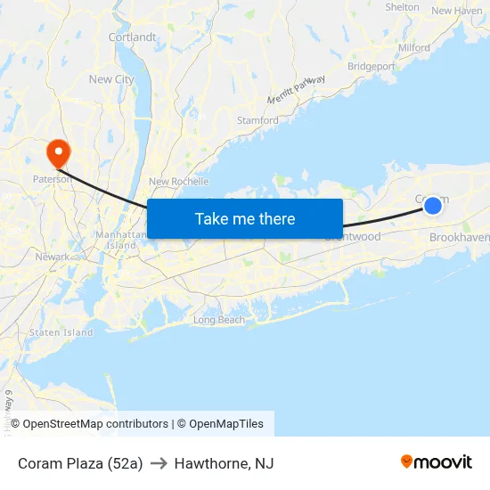 Coram Plaza (52a) to Hawthorne, NJ map