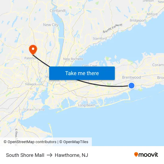 South Shore Mall to Hawthorne, NJ map