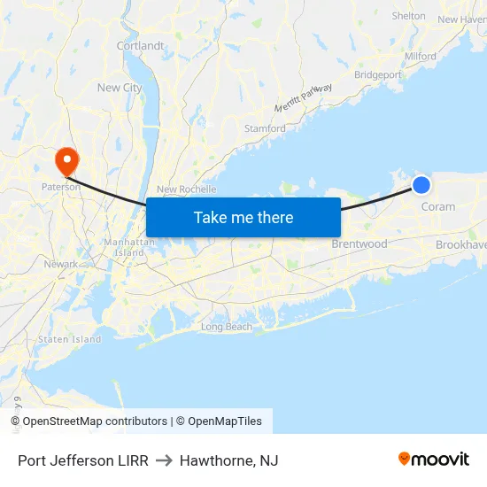 Port Jefferson LIRR to Hawthorne, NJ map