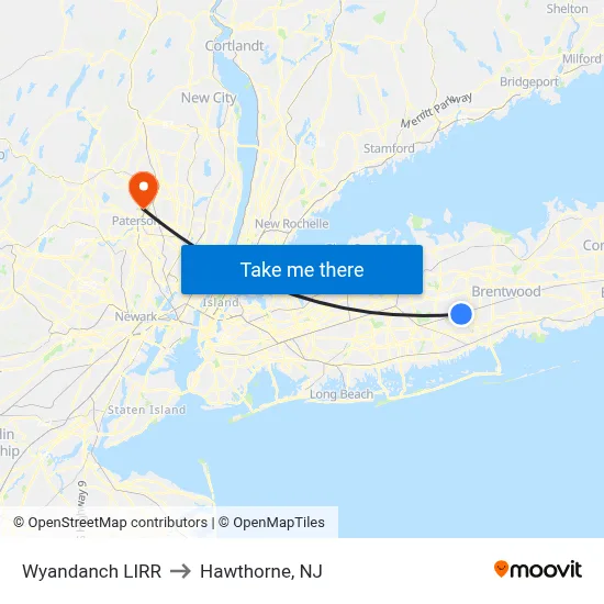 Wyandanch LIRR to Hawthorne, NJ map