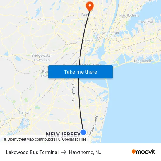 Lakewood Bus Terminal to Hawthorne, NJ map