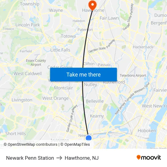 Newark Penn Station to Hawthorne, NJ map