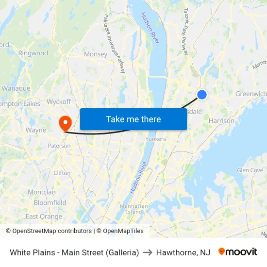 White Plains - Main Street (Galleria) to Hawthorne, NJ map