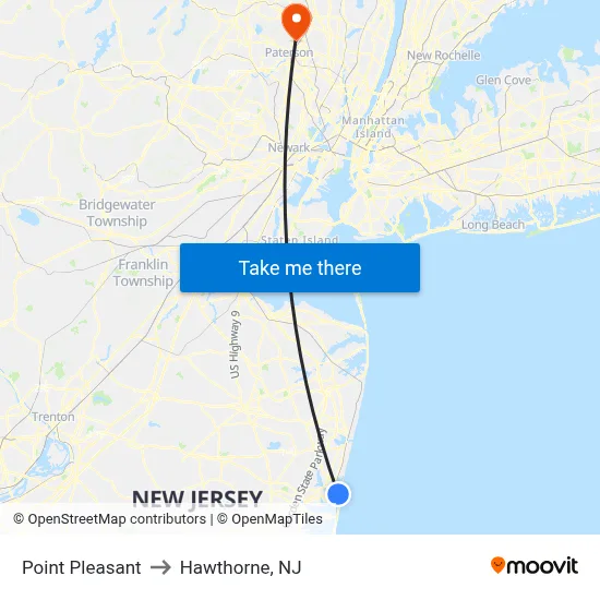 Point Pleasant to Hawthorne, NJ map