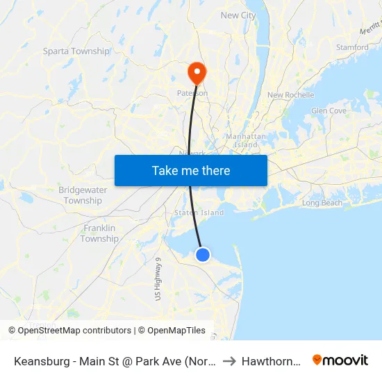 Keansburg -  Main St @ Park Ave (Northbound) to Hawthorne, NJ map