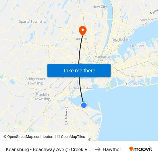 Keansburg -  Beachway Ave @ Creek Rd (Northbound) to Hawthorne, NJ map