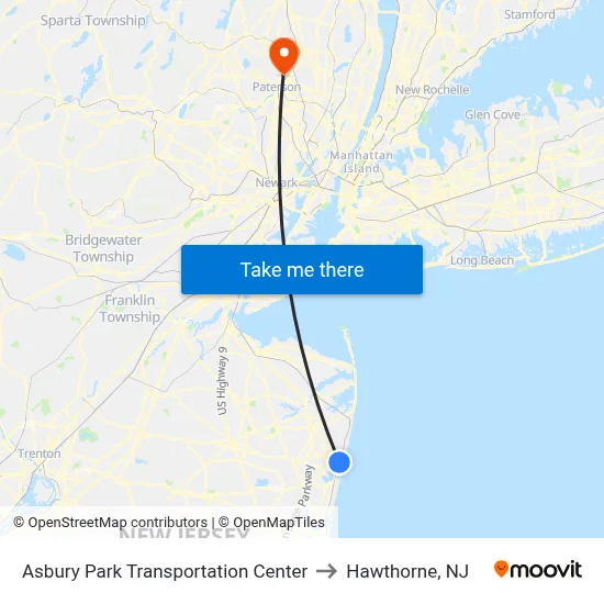 Asbury Park Transportation Center to Hawthorne, NJ map