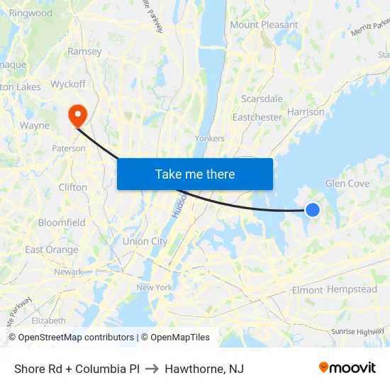 Shore Rd + Columbia Pl to Hawthorne, NJ map
