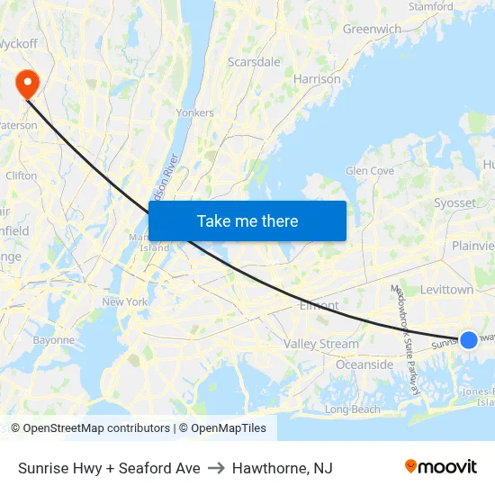 Sunrise Hwy + Seaford Ave to Hawthorne, NJ map