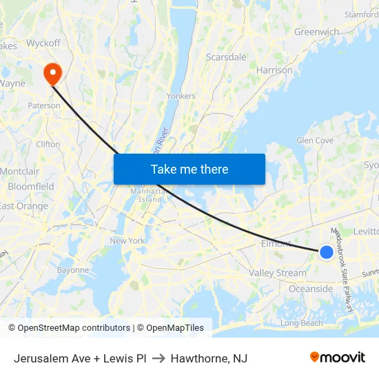 Jerusalem Ave + Lewis Pl to Hawthorne, NJ map