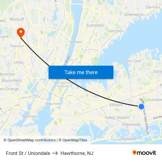Front St / Uniondale to Hawthorne, NJ map