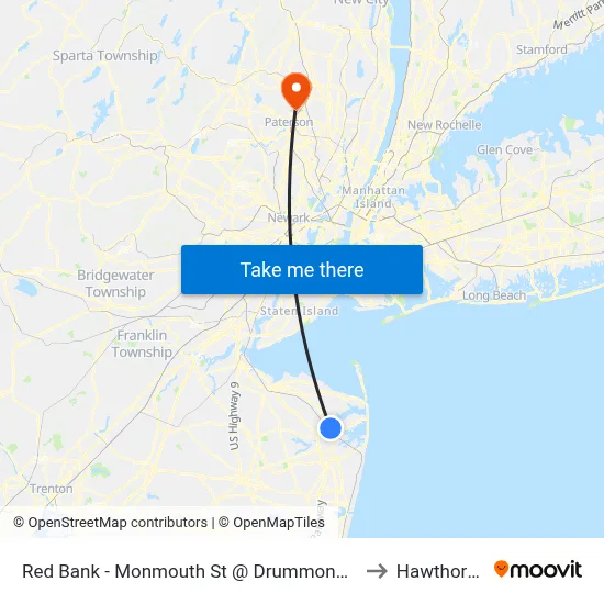 Red Bank - Monmouth St @ Drummond Pl (Southbound) to Hawthorne, NJ map
