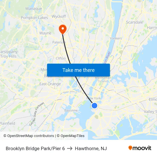 Brooklyn Bridge Park/Pier 6 to Hawthorne, NJ map