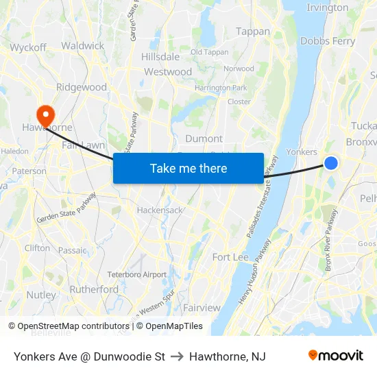 Yonkers Ave @ Dunwoodie St to Hawthorne, NJ map