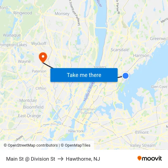 Main St @ Division St to Hawthorne, NJ map