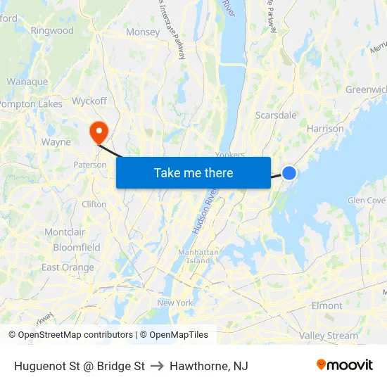 Huguenot St @ Bridge St to Hawthorne, NJ map