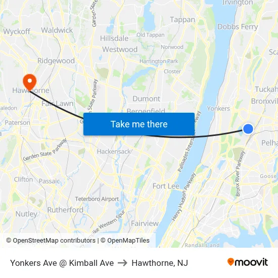 Yonkers Ave @ Kimball Ave to Hawthorne, NJ map