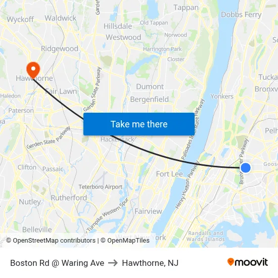 Boston Rd @ Waring Ave to Hawthorne, NJ map