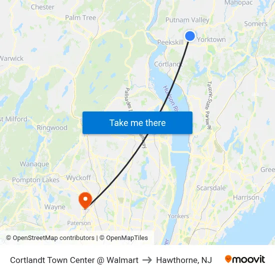 Cortlandt Town Center @ Walmart to Hawthorne, NJ map