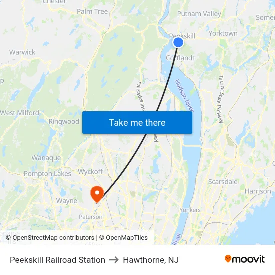 Peekskill Railroad Station to Hawthorne, NJ map