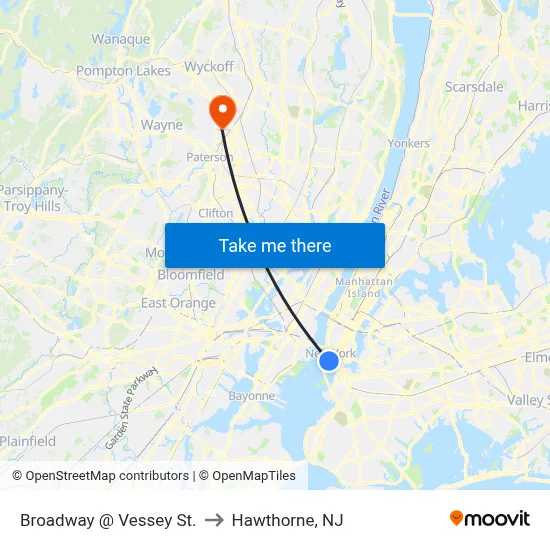 Broadway @ Vessey St. to Hawthorne, NJ map
