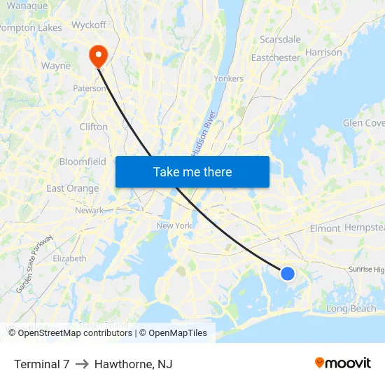 Terminal 7 to Hawthorne, NJ map
