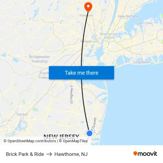 Brick Park & Ride to Hawthorne, NJ map