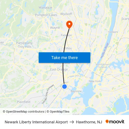 Newark Liberty International Airport to Hawthorne, NJ map